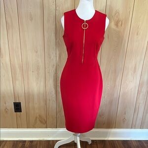 Calvin Klein Red Sleeveless Sheath Dress With Gold Zipper O-Ring - Size 4